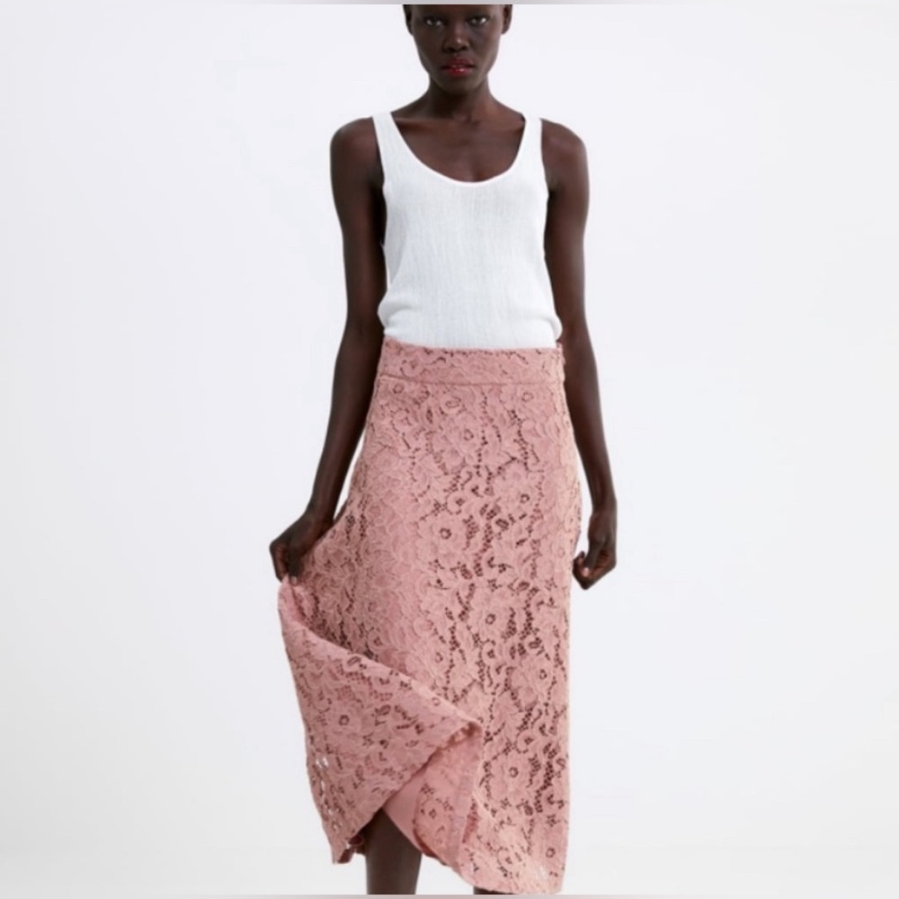 ZARA Beige-Pink/Rose Nude Guipure Lace A-line Midi Skirt